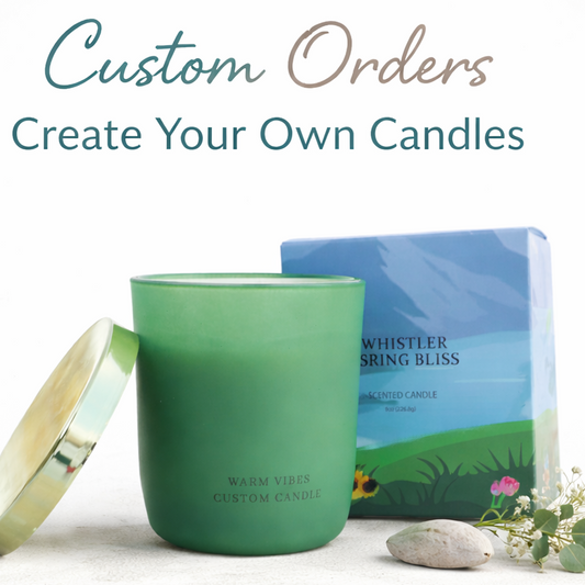 Green candle with packaging and text about custom orders on a white background